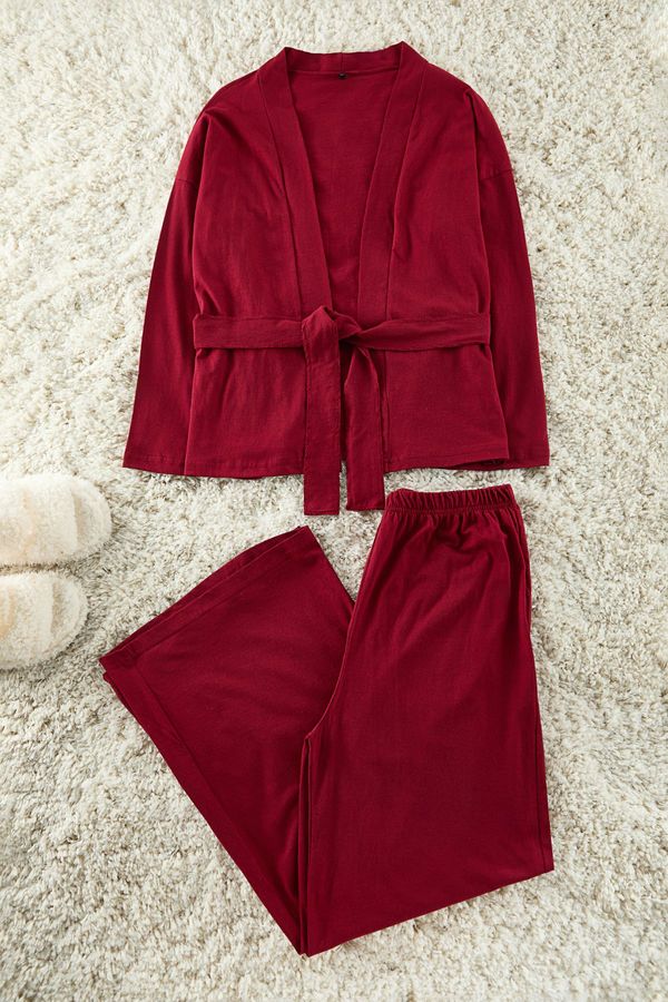 Trendyol Trendyol Burgundy Belted Cotton Knitted Pajama Set