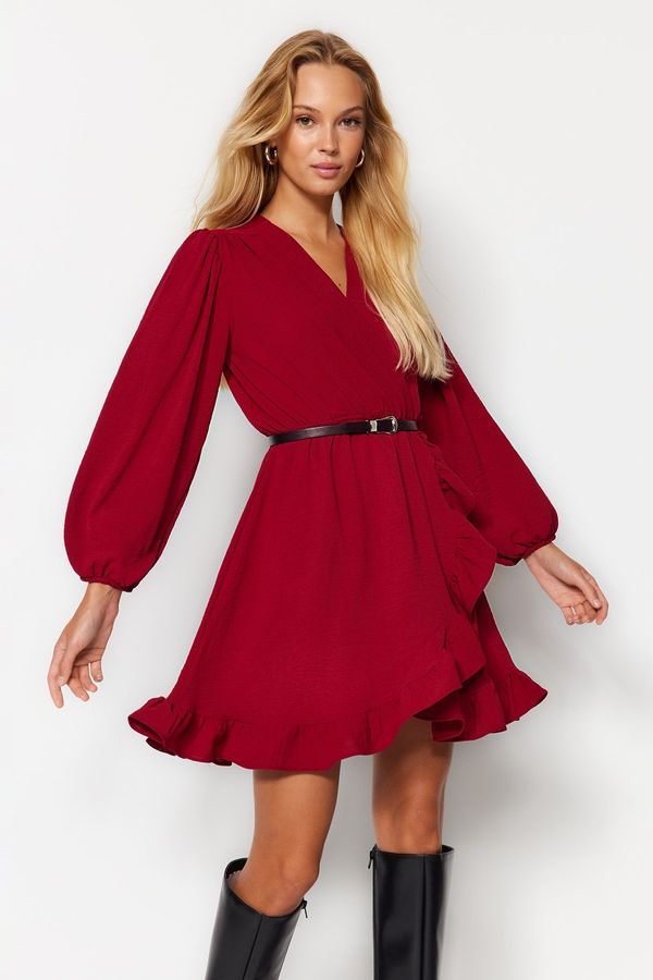 Trendyol Trendyol Burgundy Belted Mini Woven Flounce Dress