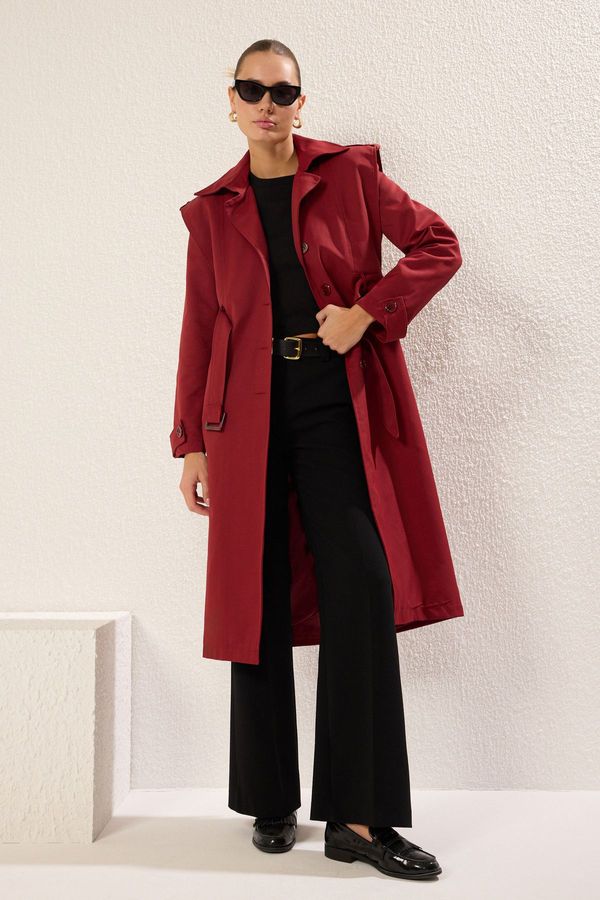 Trendyol Trendyol Burgundy Belted Stitching Detail Regular Long Trench Coat