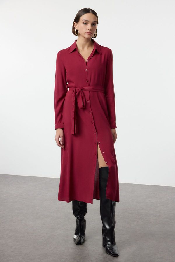 Trendyol Trendyol Burgundy Belted Viscose Midi Woven Dress