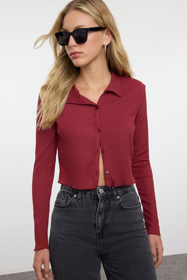 Trendyol Trendyol Burgundy Buttoned Fitted Polo Neck Wrap/Textured Crop Knitted Blouse