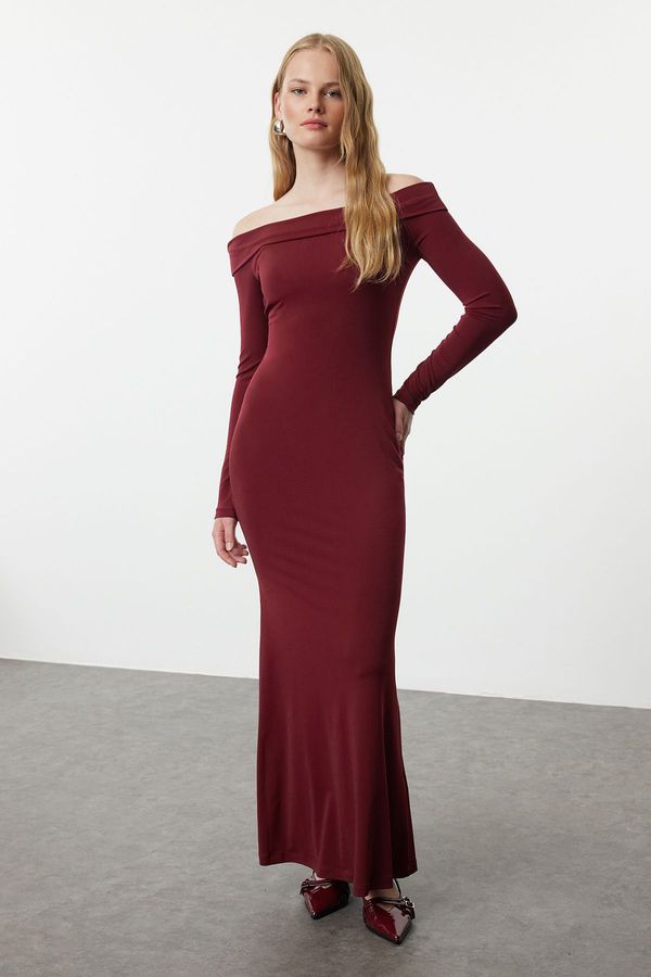 Trendyol Trendyol Burgundy Color Block Fitted Carmen Neck Stretchy Maxi Knitted Dress