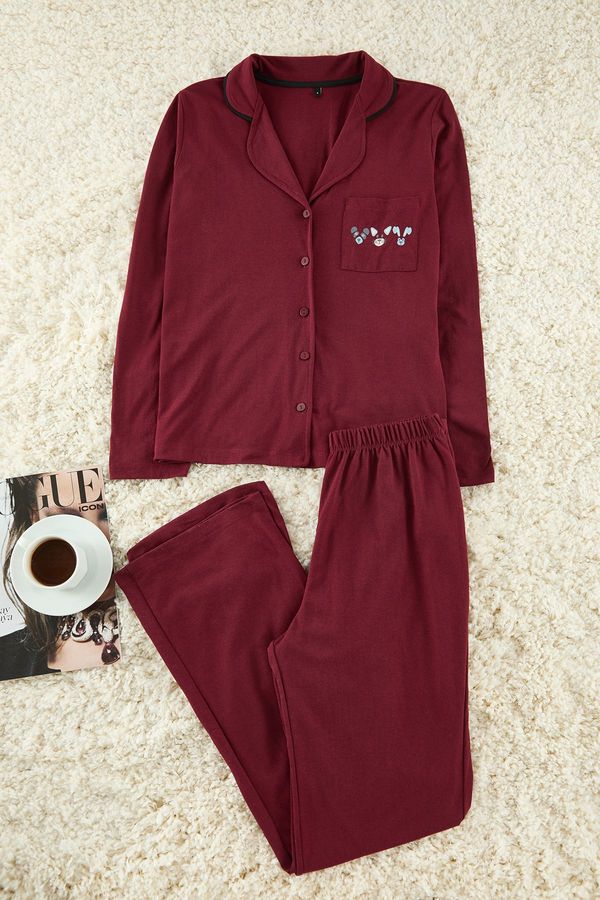 Trendyol Trendyol Burgundy Cotton Piping and Pocket Detailed Printed Knitted Pajama Set