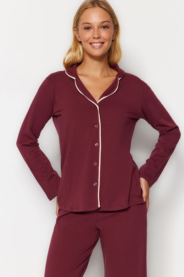 Trendyol Trendyol Burgundy Cotton Piping Detailed Shirt-Pants Knitted Pajamas Set