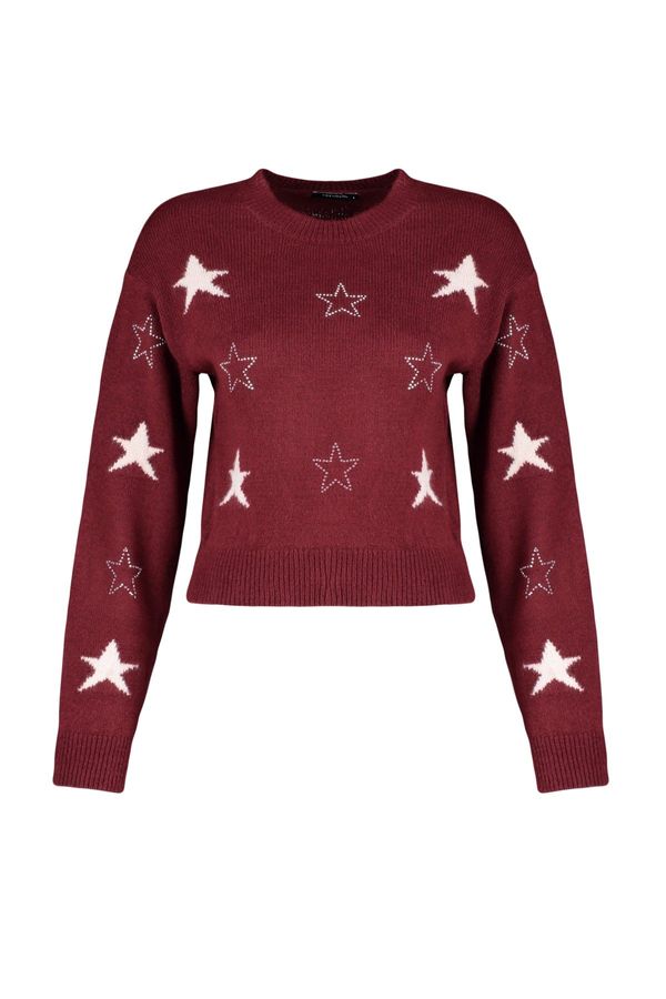 Trendyol Trendyol Burgundy Crop Soft Textured Patterned Knitwear Sweater