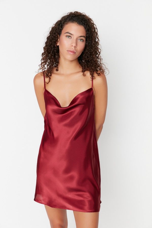 Trendyol Trendyol Burgundy Degajee Neck Back Detailed Satin Woven Nightgown