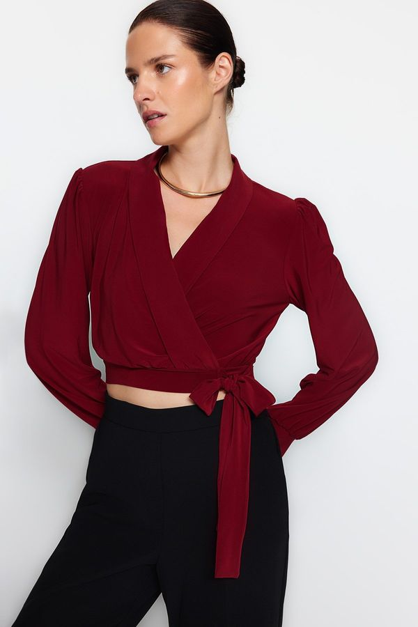 Trendyol Trendyol Burgundy Double Breasted Closure Crop Stretchy Knitted Blouse