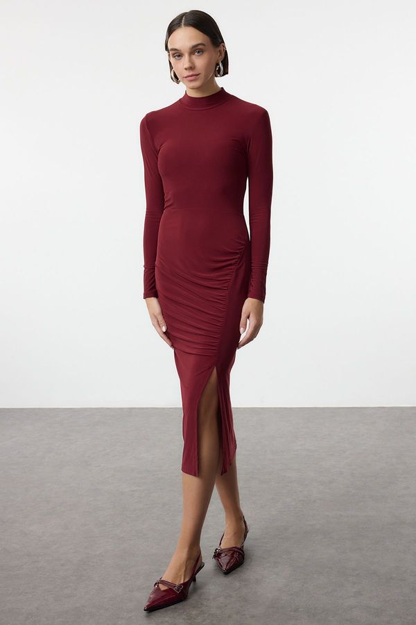 Trendyol Trendyol Burgundy Drape Detailed Slit High Collar Fitted Flexible Midi Knitted Dress