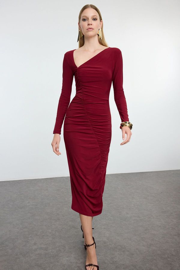 Trendyol Trendyol Burgundy Draped Woven Dress with Fitted Collar Detail