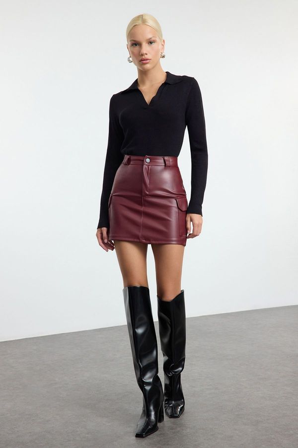 Trendyol Trendyol Burgundy Faux Leather Cargo Pocket High Waist Fitted Mini Knitted Skirt