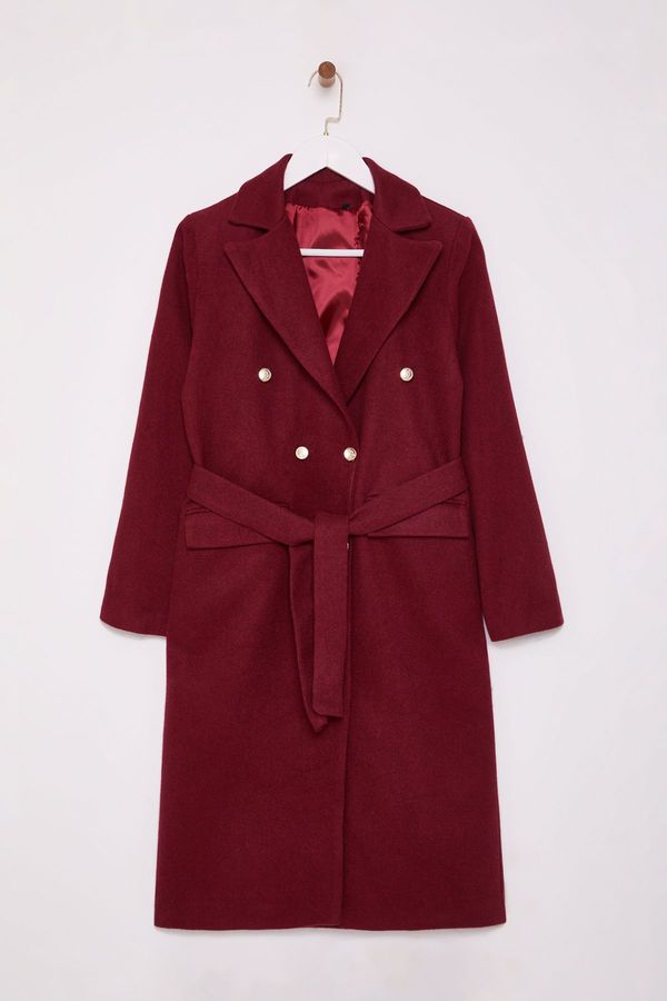 Trendyol Trendyol Burgundy Fitted Belted Gold Buttoned Long Wool Cashmere Coat