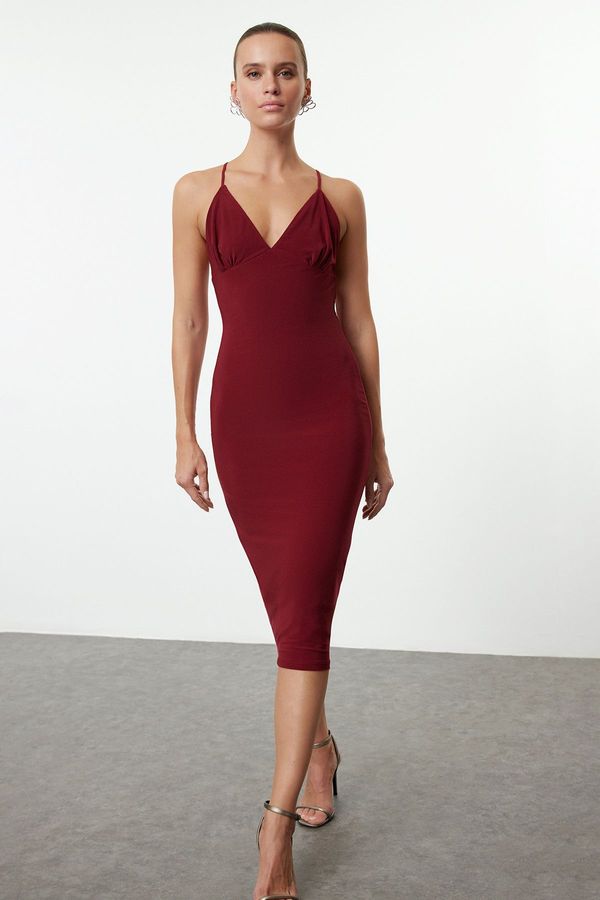 Trendyol Trendyol Burgundy Fitted Knitted Elegant Evening Dress