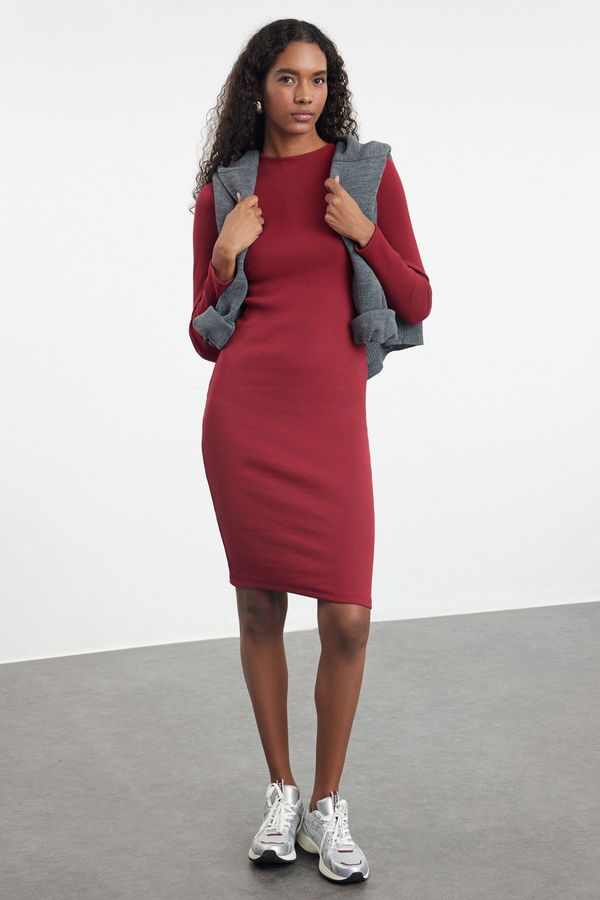 Trendyol Trendyol Burgundy Fitted Long Sleeve Ribbed Stretchy Knitted Dress