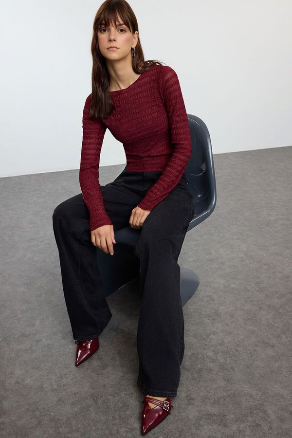 Trendyol Trendyol Burgundy Fitted Textured Tulle Stretchy Knitted Blouse