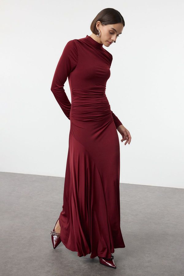 Trendyol Trendyol Burgundy Fitted/Fits the Body Stand Collar Long Sleeve Flexible Maxi Knit Dress