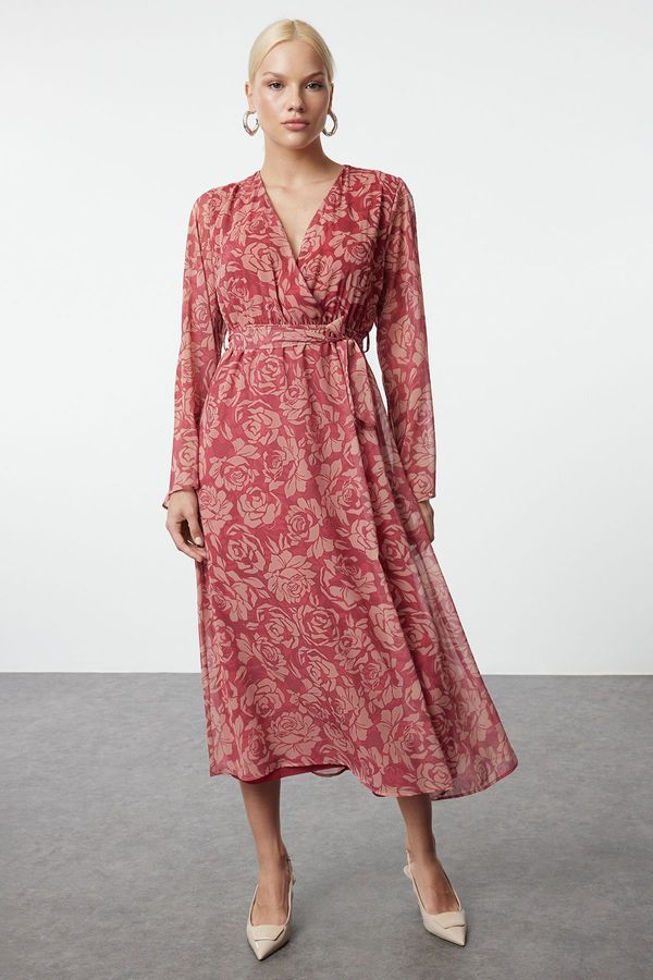 Trendyol Trendyol Burgundy Floral Patterned Belted A-Line Double Breasted Collar Lined Chiffon Maxi Woven Dress