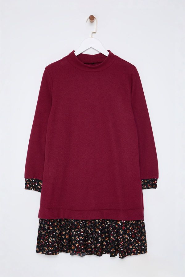 Trendyol Trendyol Burgundy Floral Printed Mini Thessaloniki Stand Collar Knitted Dress