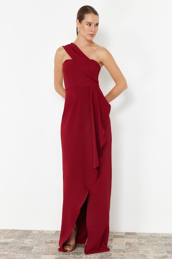 Trendyol Trendyol Burgundy Flounce Single Sleeve Woven Long Evening Dress