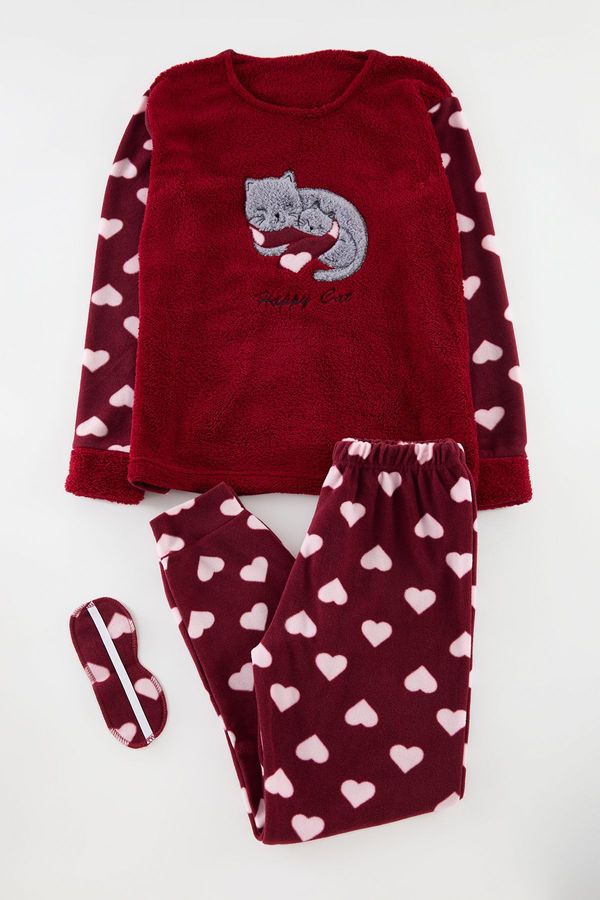 Trendyol Trendyol Burgundy Heart Polar Fleece Knitted Pajama Set