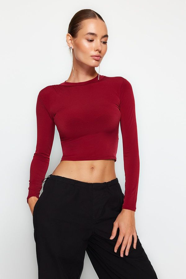 Trendyol Trendyol Burgundy High Neck Fitted/Simple Long Sleeve Gathered Elastic Knitted Blouse