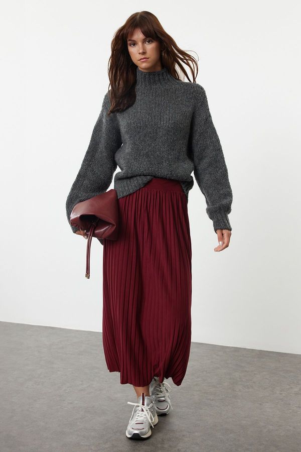 Trendyol Trendyol Burgundy High Waist Pleated Stretchy Maxi Knitted Skirt