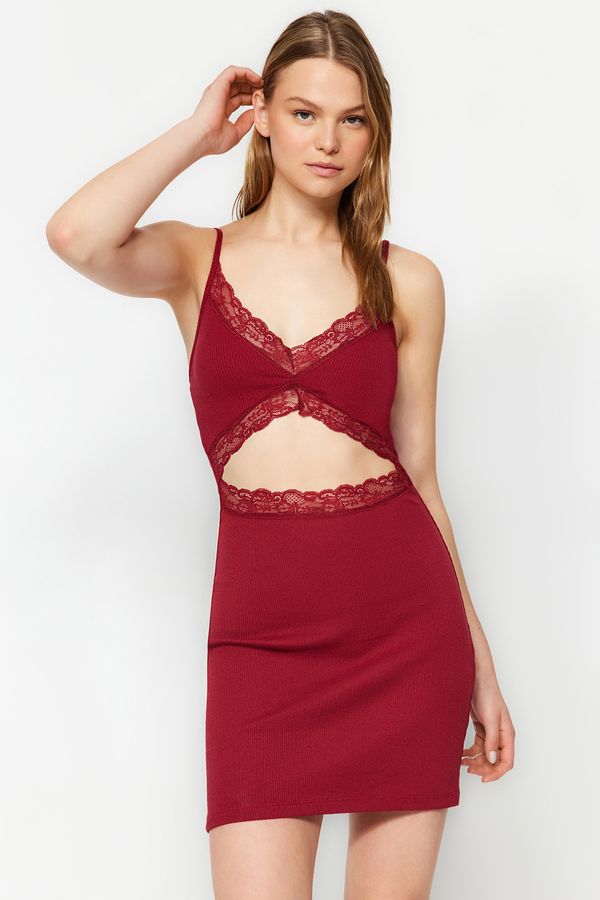 Trendyol Trendyol Burgundy Lace Detailed Cotton Corded Knitted Nightgown