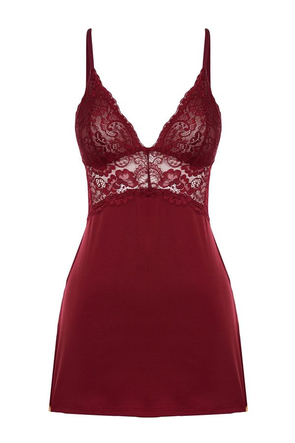 Trendyol Trendyol Burgundy Lace Detailed Rope Strap Knitted Fantasy Nightgown