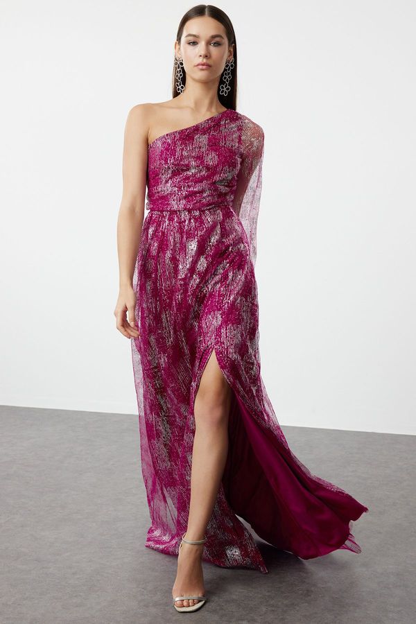 Trendyol Trendyol Burgundy-Multicolor A-Cut One Shoulder Woven Tulle Long Elegant Evening Dress