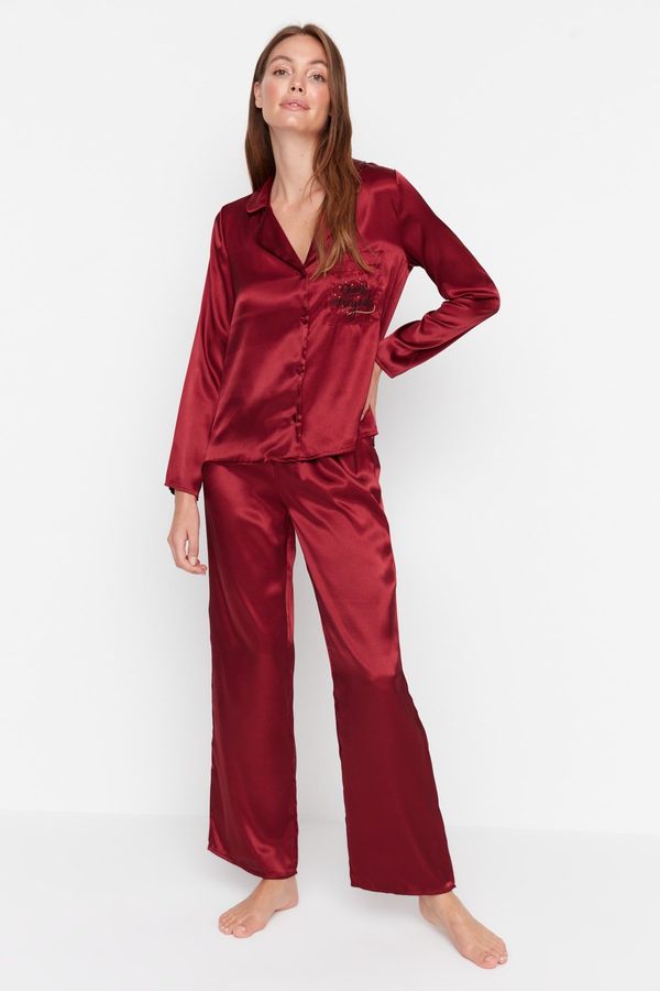 Trendyol Trendyol Burgundy New Year Themed Embroidered Satin Shirt-Pants Woven Pajama Set