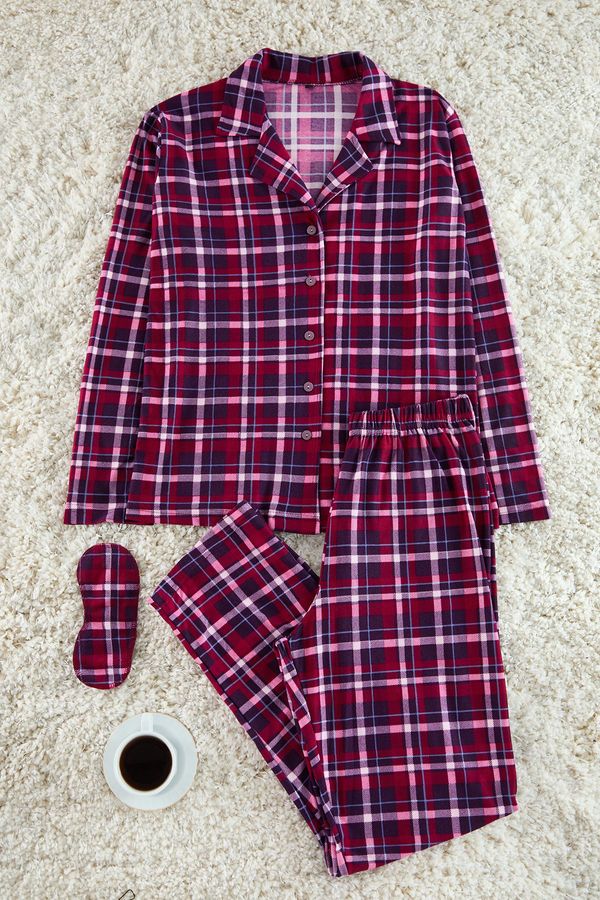 Trendyol Trendyol Burgundy Plaid Soft Feeling Brushed Fabric Sleep Band Knitted Pajama Set