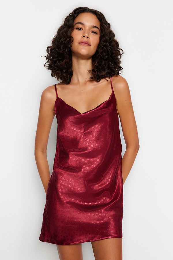 Trendyol Trendyol Burgundy Premium Satin Heart Patterned Degaje Collar Woven Nightgown