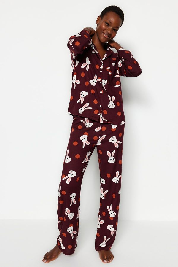 Trendyol Trendyol Burgundy Rabbit Patterned Shirt-Pants Woven Pajamas Set