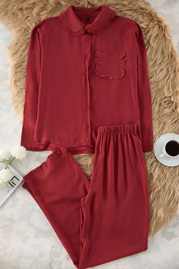 Trendyol Trendyol Burgundy Ruffle Pocket Detail Viscose Woven Pajama Set