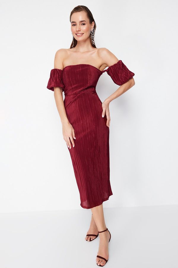 Trendyol Trendyol Burgundy Sleeve Detailed Pleated Knitted Elegant Evening Dress