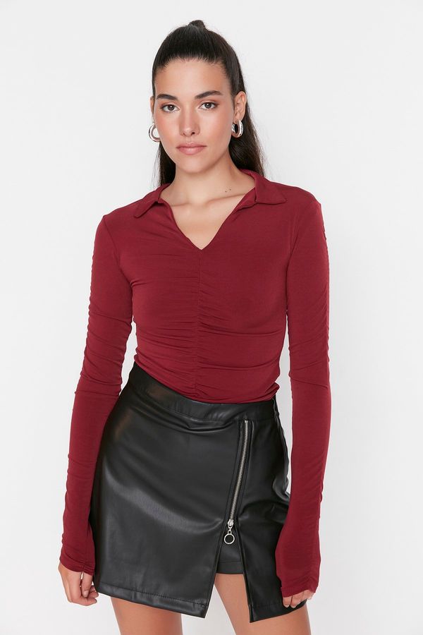 Trendyol Trendyol Burgundy Slim Gathered Polo Neck Flexible Pletena bluza