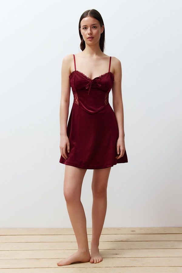 Trendyol Trendyol Burgundy Soft Feeling Lace Detailed Corduroy Knitted Nightgown with Strap