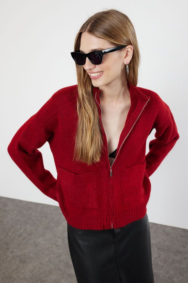 Trendyol Trendyol Burgundy Soft Textured Zippered Knitwear Cardigan