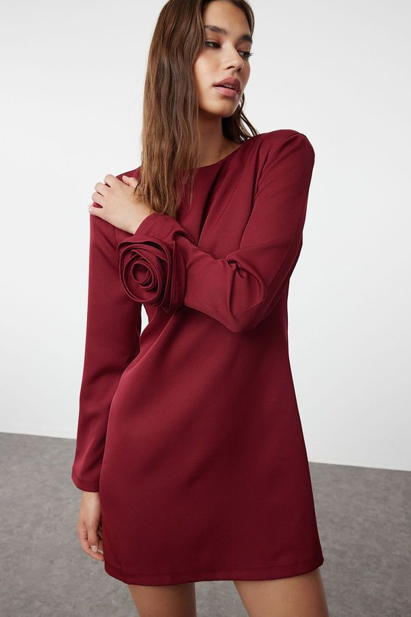 Trendyol Trendyol Burgundy Straight Cut Rose Detailed Mini Woven Dress