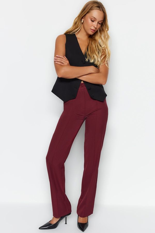 Trendyol Trendyol Burgundy Straight/Straight Fit High Waist Ribbed Stitching Woven Trousers