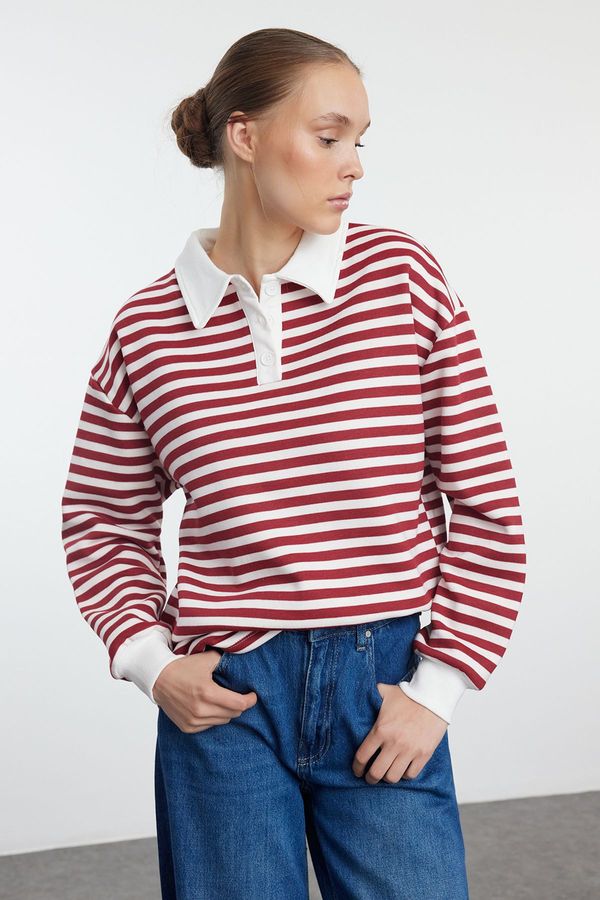 Trendyol Trendyol Burgundy Striped Polo Neck Thick Fleece Inside Oversize Knitted Sweatshirt