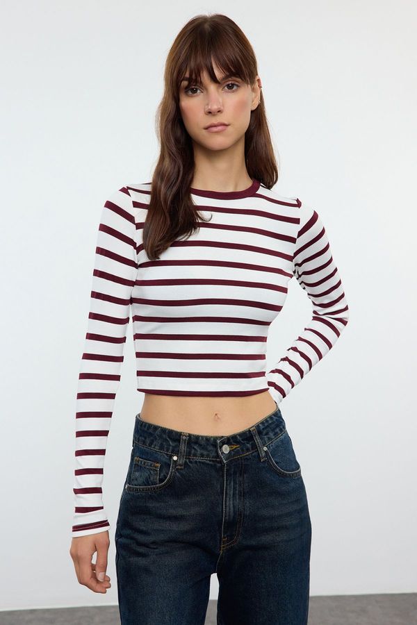 Trendyol Trendyol Burgundy Striped Premium Viscose Soft Fabric Fitted Crop Stretchy Knitted Blouse