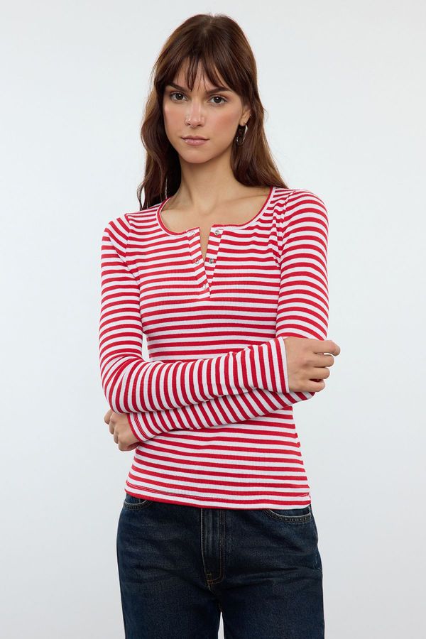 Trendyol Trendyol Burgundy Striped Snap Fastener Fitted/Fit-fitting Ribbed Stretchy Knitted Blouse