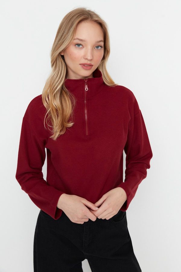 Trendyol Trendyol Burgundy Thessaloniki/Knitwear Look Zippered Collar Regular/Regular Fit Knitted Sweatshirt