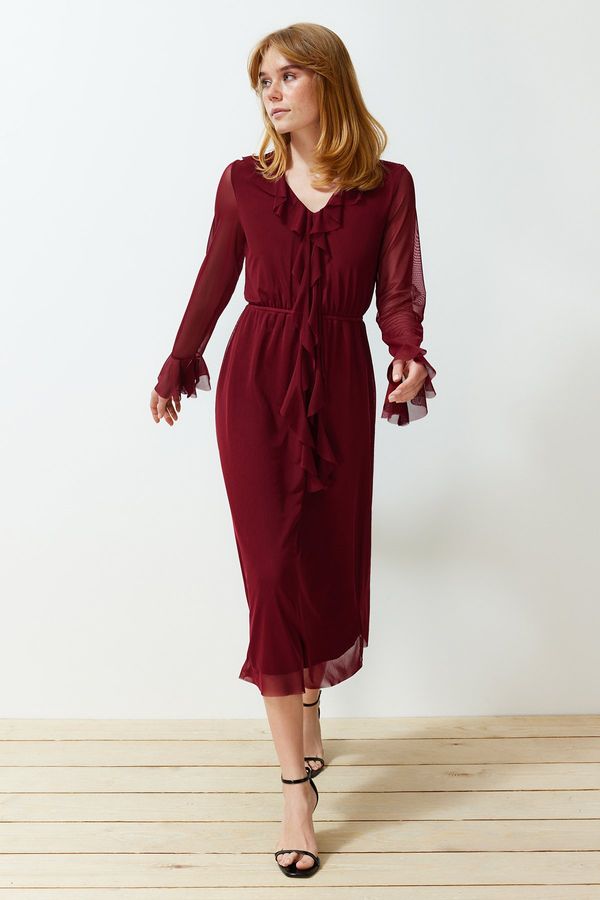 Trendyol Trendyol Burgundy V Neck Ruffle Detailed Lined Tulle Knitted Midi Dress