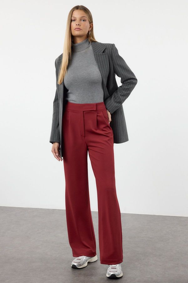 Trendyol Trendyol Burgundy Velcro Closure High Waist Pleated Wide Leg Trousers