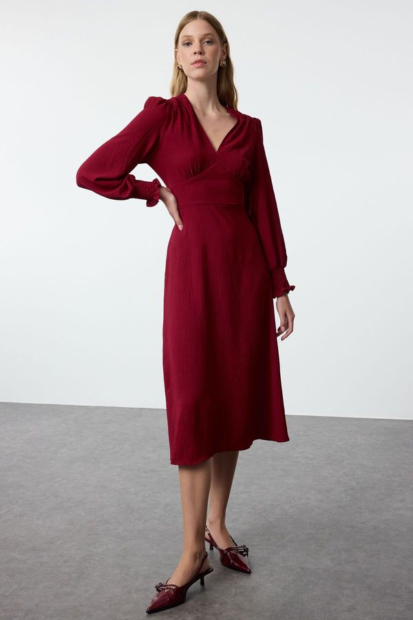 Trendyol Trendyol Burgundy Waist Opening Corsage Detailed Midi Woven Dress