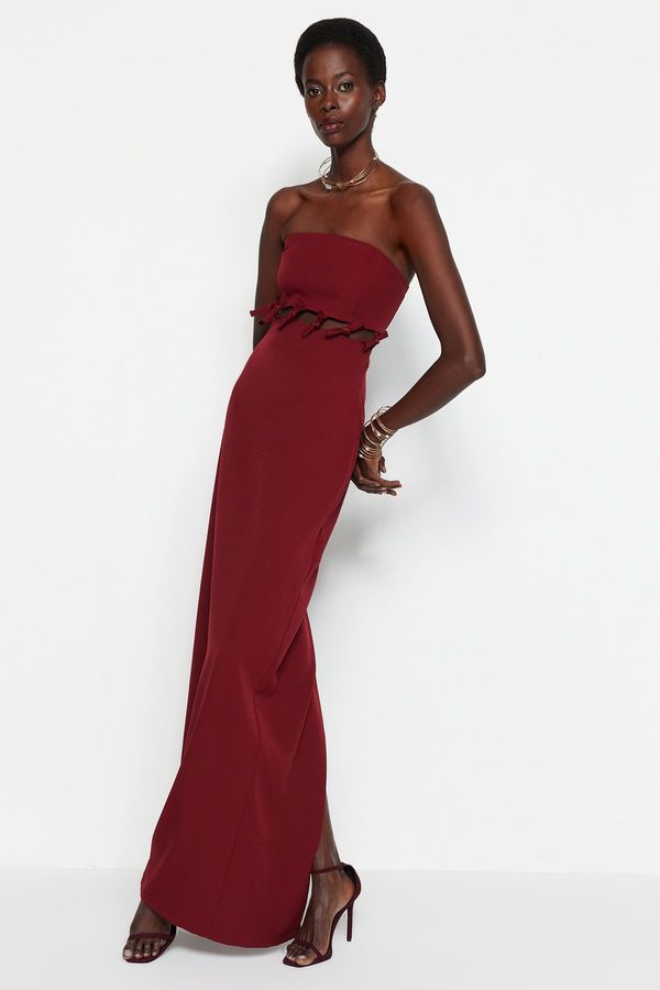 Trendyol Trendyol Burgundy Woven Window/Cut Out Detailed Long Evening Evening Dress