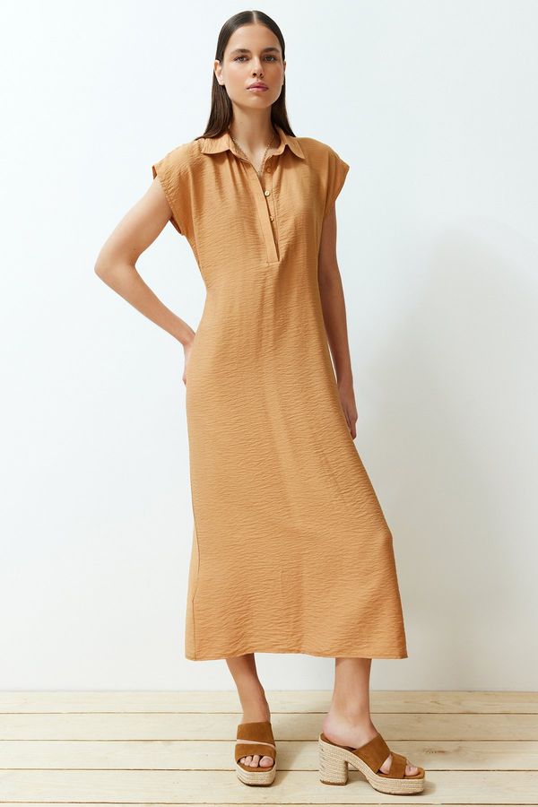 Trendyol Trendyol Camel A-line Shirt Collar Aerobin Maxi Woven Dress