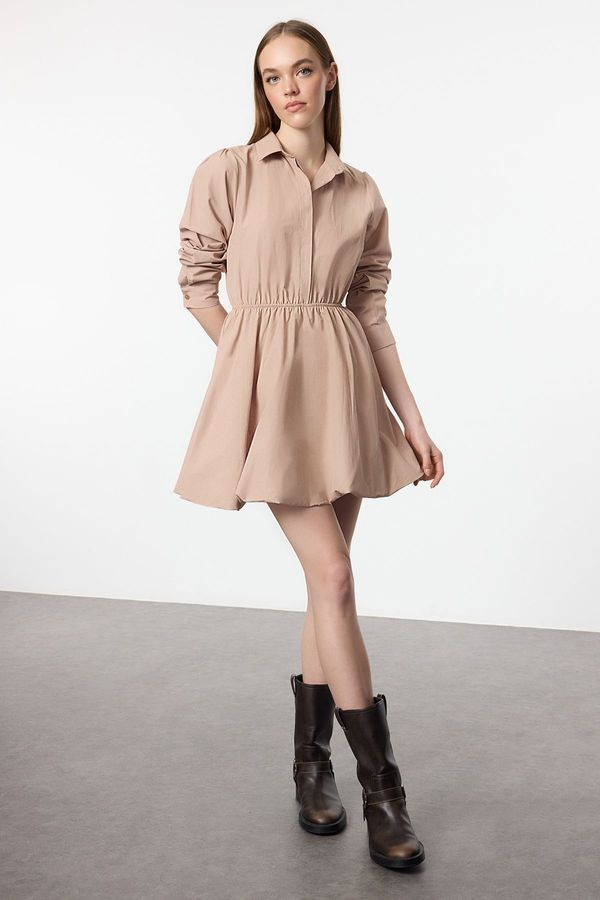 Trendyol Trendyol Camel Balloon Skirt Shirt Collar Mini Woven Dress