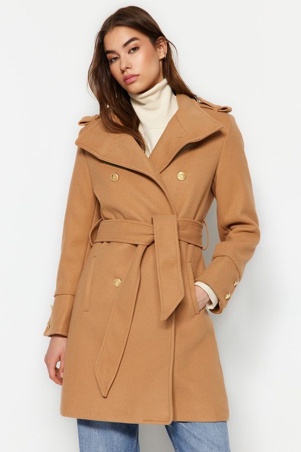 Trendyol Trendyol Camel Belted Gold Button Detailed Stamp Coat